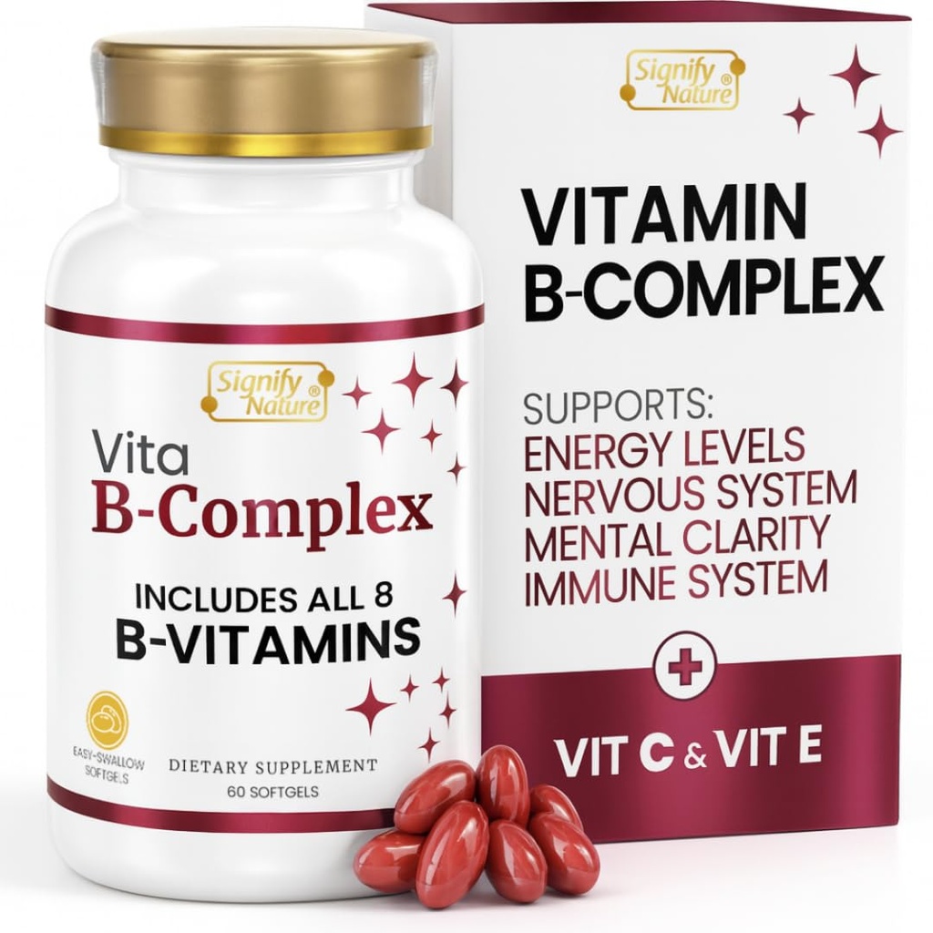 SIGNIFY NATURE VitaBComplex with Vitamin C and E, B Complex Vitamins for Women & Men, BComplex Supplements, VIT B1, B2, B3, B5, B6, B8, B9, B12, 슈퍼 B Softgels - 60 CT