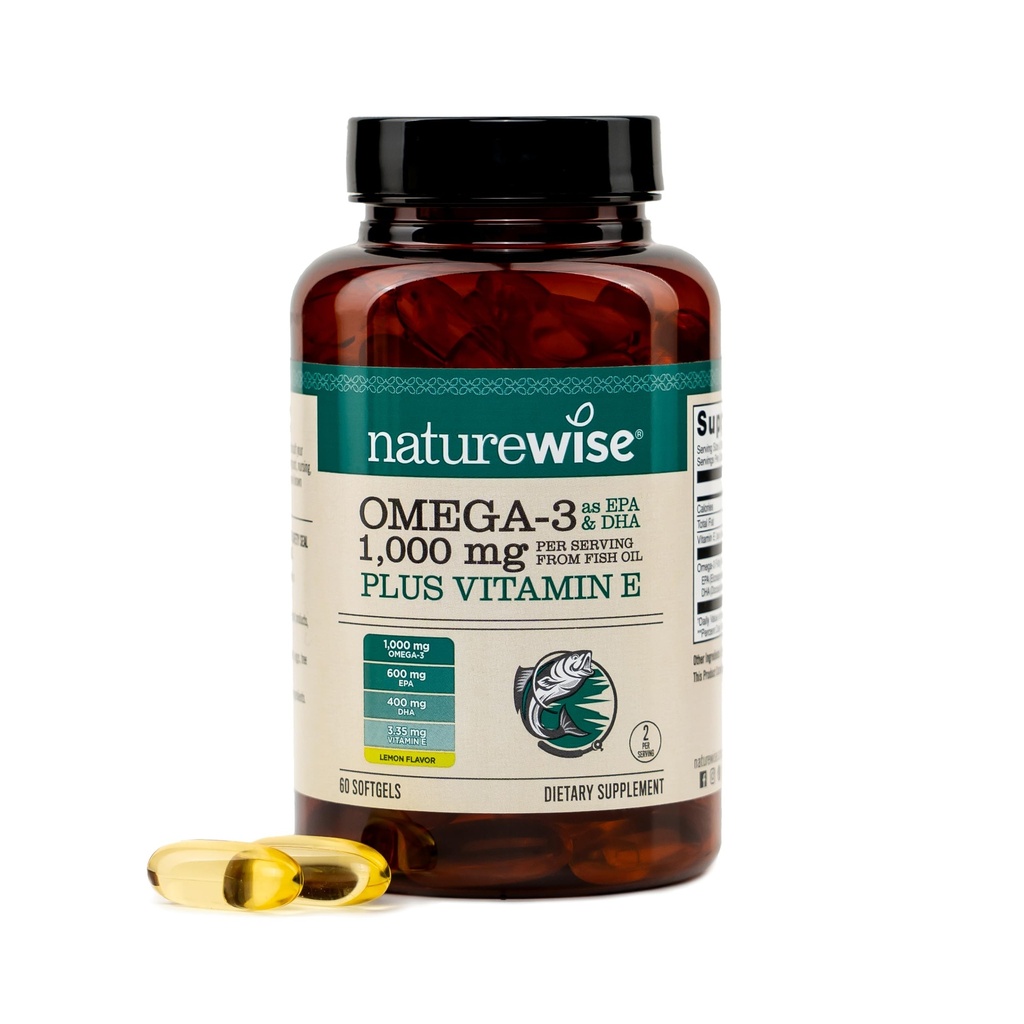 NatureWise Extra-Strength Omega 3 Fish Oil Supplement - 봉사 당 1000mg - 600 EPA & 400 DHA와 비타민 E - 심장 및 두뇌 건강 지원 - 레몬 맛, GMO-Free - 60 Softgels [1-Month 공급]