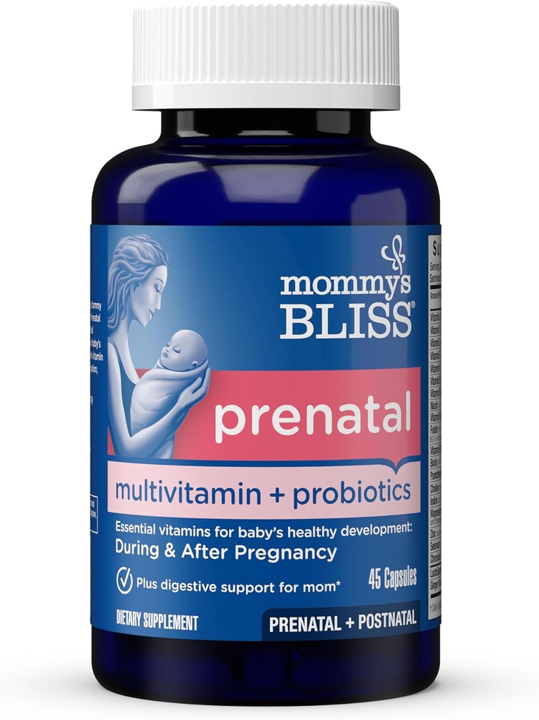 Mommy's Bliss Prenatal Multivitamin + Probiotic for Women w / Folic Acid, 지원 아기 개발 및 엄마의 소화 w / 아연, 비타민 B6 & B12, 생강 및 콜린, 채식 및 글루텐 무료 (45 인분)