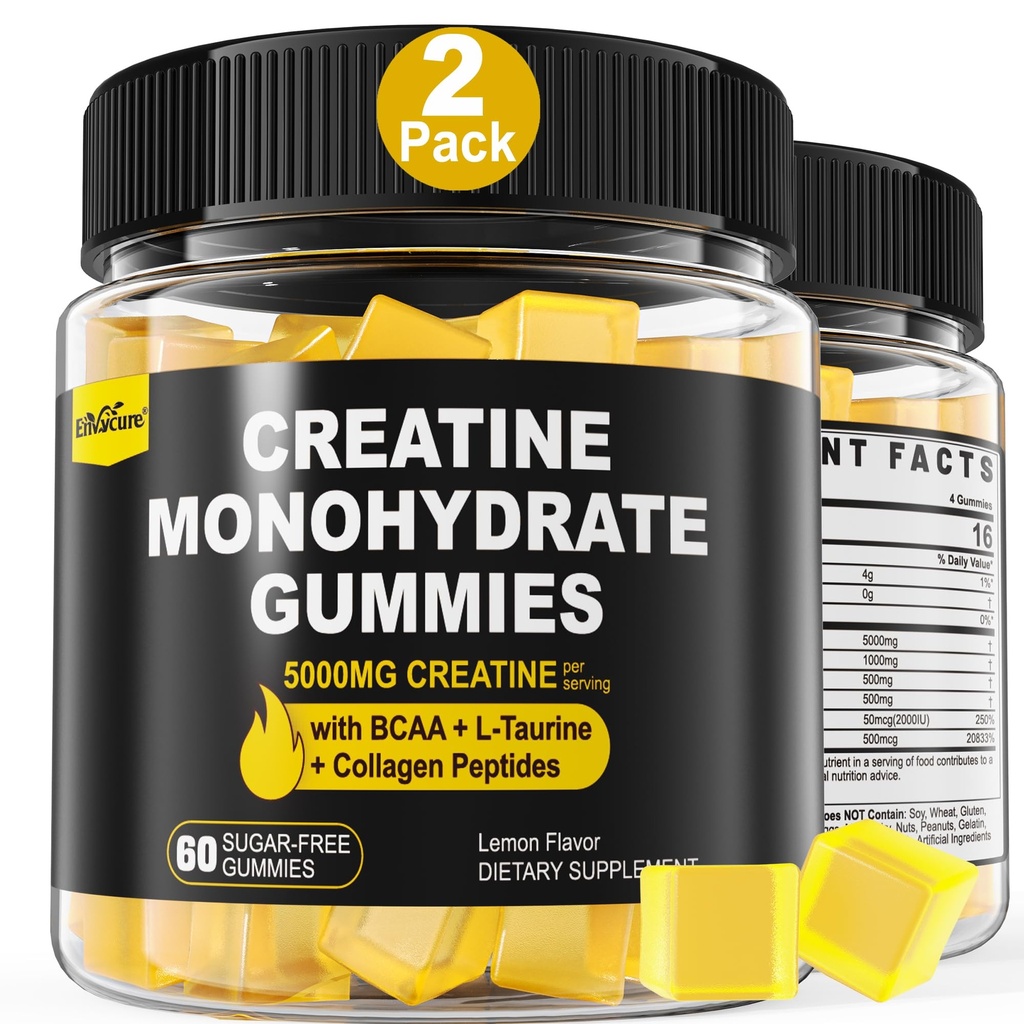 남자 & 여자를 위한 Creatine Monohydrate Gummies - BCAA, 교원질 펩티드, L-Taurine, 비타민 B12, D3, Chewables Creatine Monohydrate 5g, 자연적인 레몬 풍미, 설탕 자유로운, 2 팩
