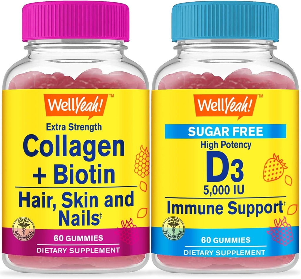 WellYeah Collagen+Biotin + 비타민 D3 5,000 IU Sugar Free, Gummies Bundle - 훌륭한 타스팅, 비타민 보충, 글루텐 무료, GMO 무료, Chewable Gummy