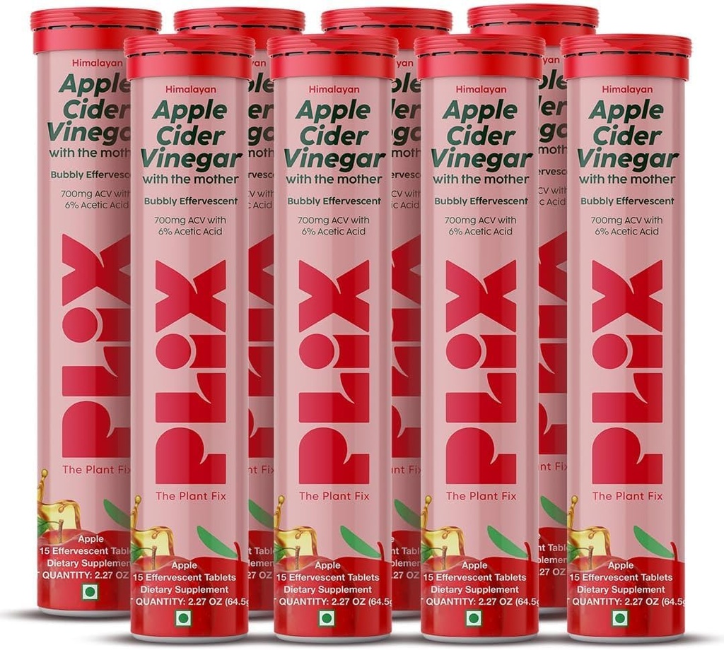PLIX - PLANT FIX Apple Cider Vinegar Effervescent Tablets with The Mother, 700mg ACV with VIT B12, B6, Pack of 8 |비건, 설탕, 비 GMO & 글루텐 프리