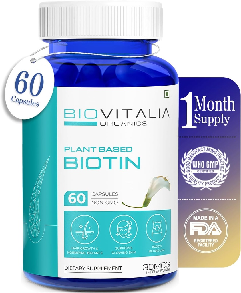 식물 기반 순수한 Biotin 보충 캡슐- 지원 더 강한 손톱 & 머리 성장 Sesbania Grandiflora 해바라기 씨앗 Amla Beetroot & Spinach - 60 Veg 캡슐과 풍부