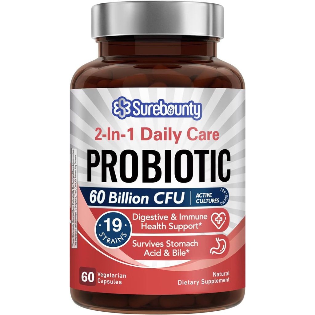 Probiotics 60 억 CFU 19 남성 & 여성, 100mg Prebiotic, 선반 안정, 2-in-1 매일 케어 Probiotic, Non-GMO, Digestive & 면역 건강, 60 Veggie 캡슐