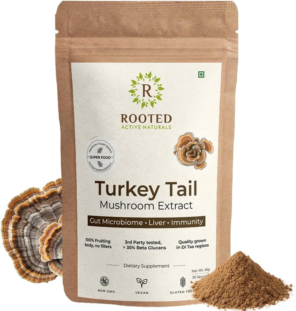 ROOTED Active's Turkey Tail Mushroom Extract Powder, USDA 및 EU 인증 유기농| 35% Beta Glucans - Lab Verified | Gut Health, Liver, Immunity Support (2.11 Ounce)