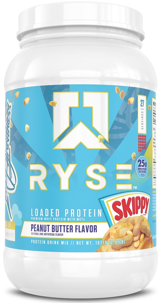 RYSE로드 단백질 분말 - Skippy Peanut Butter - 25g Whey Protein Isolate & Prebiotic Fiber & MCTs와 농축 - 낮은 Carb, 낮은 Sugar, Digestive-Friendly - 27 서빙 / 2 lb Tub