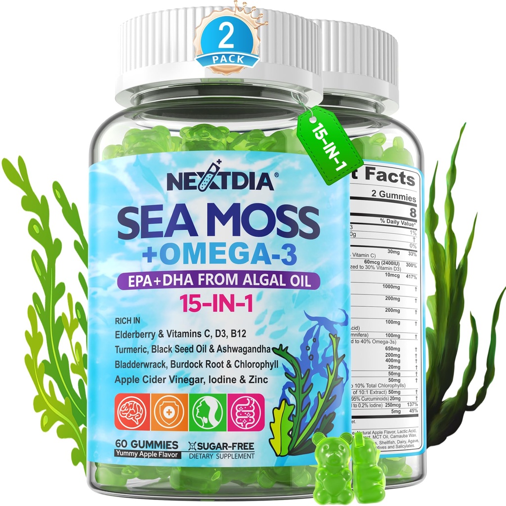 Sea Moss Gummies + Algae Omega-3 성인, 15-IN-1 Organic Irish Sea Moss Superfood with/Vitamins C D3 B12, Turmeric, Bladderwrack, 지원 에너지, 두뇌, 면역, 매일 활력, 설탕없는, 120 Cts