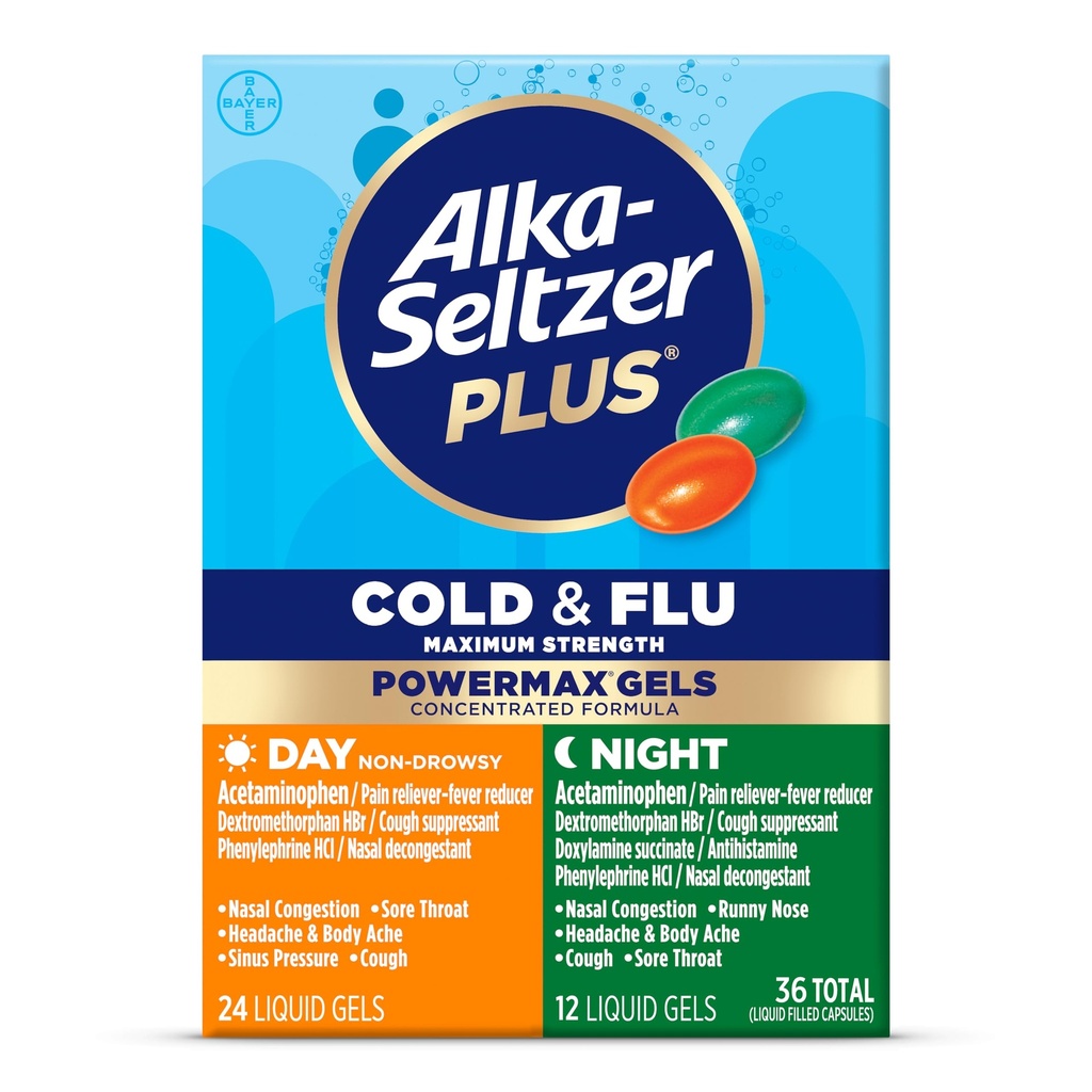 Alka-Seltzer Plus Power Max Cold & Flu Day+Night Medicine : 성인 및 어린이 12 년 및 노인, 36 조사, 포장 5 월 Vary 용 Cough Suppressant, Cold 및 Flu Medicine