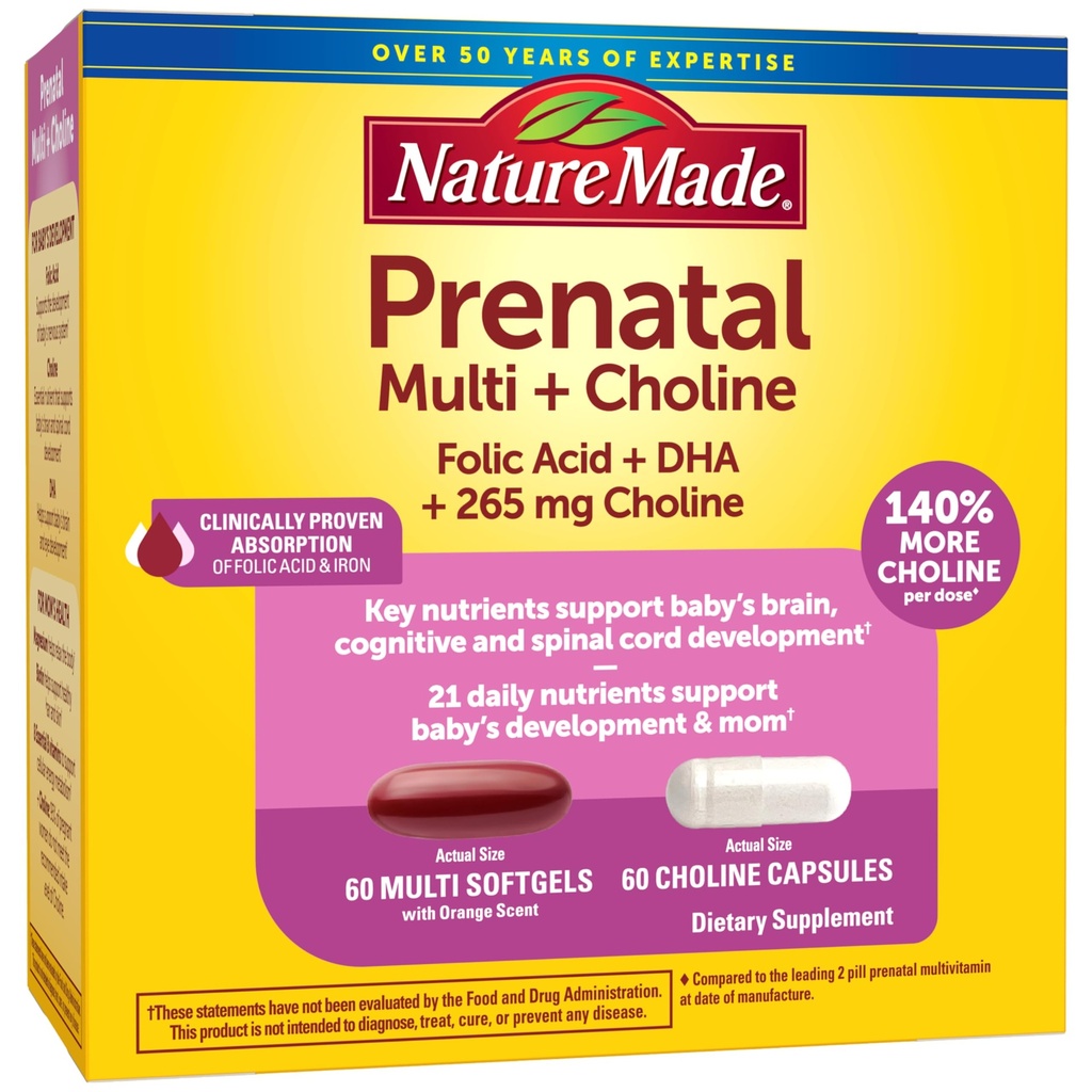 Nature Made Prenatal Vitamin Softgels + Choline Capsules, Folic Acid + DHA + Choline, 여성 60 Prenatal Vitamins, 60 Choline 보충제 캡슐, 60 Day Supply