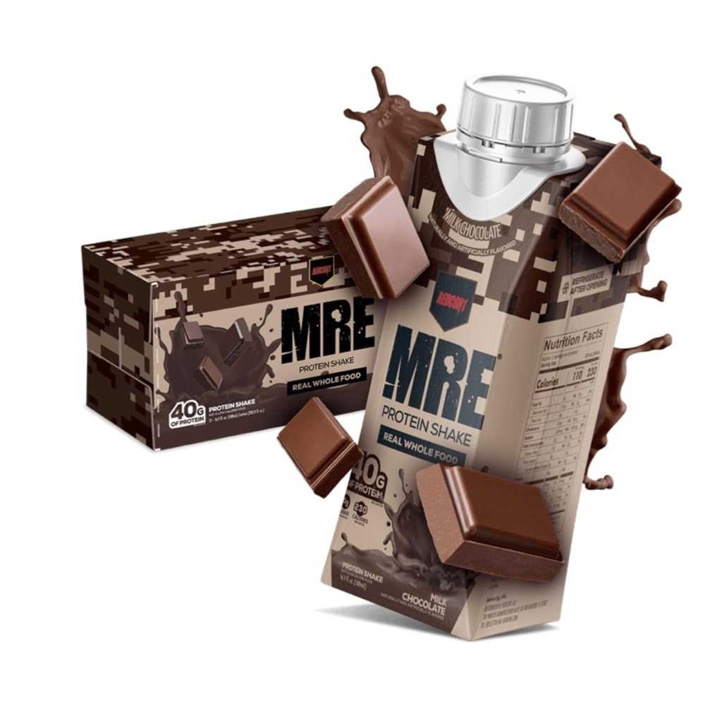 REDCON1 MRE 음료 단백질 셰이크, 밀크 초콜릿 - Lactose + Whey Free RTD 40gr Protein Made with Real Whole Food Protein Blends - Keto-Friendly and easy to Digest Nutritional Shake (12 팩)