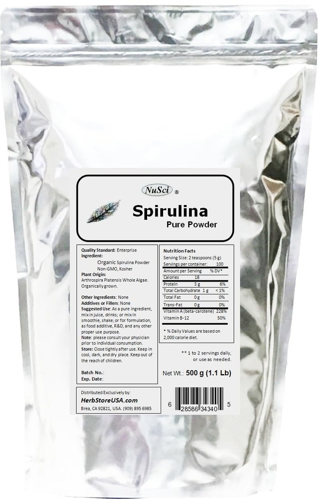 Spirulina 유기적으로 성장 100% 순수한 분말 500g (1.1 lb) 신선한 GMO 자유로운 비 Irradiated