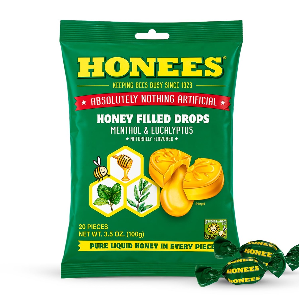 Honees Honey Menthol Cough Drops - 20Piece, 싱글 팩 꿀 - Filled Lozenges | 기침의 임시 구호 | Soothes Sore Throat | 모든 자연