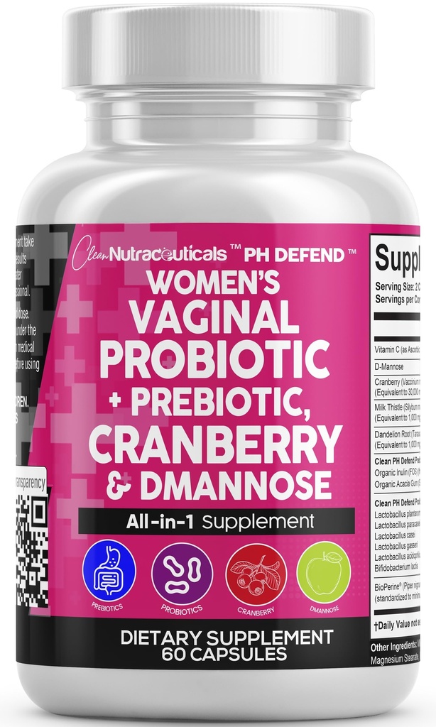 Cranberry, D-Mannose, Prebiotics, pH Balance Support, Feminine Health, Urinary Tract Cleanse - 캡슐 대안 - 60 개