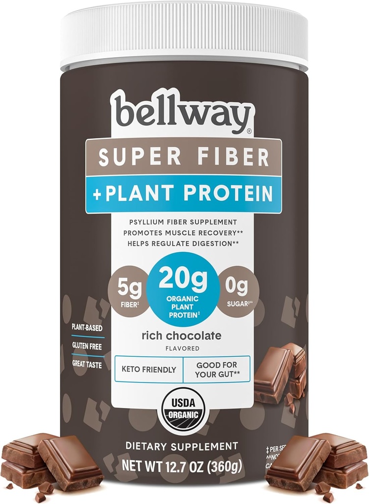 Bellway Super Fiber + Protein Powder, Sugar-Free Organic Psyllium Husk Fiber Supplement Powder, 리치 초콜릿, 12.7 oz