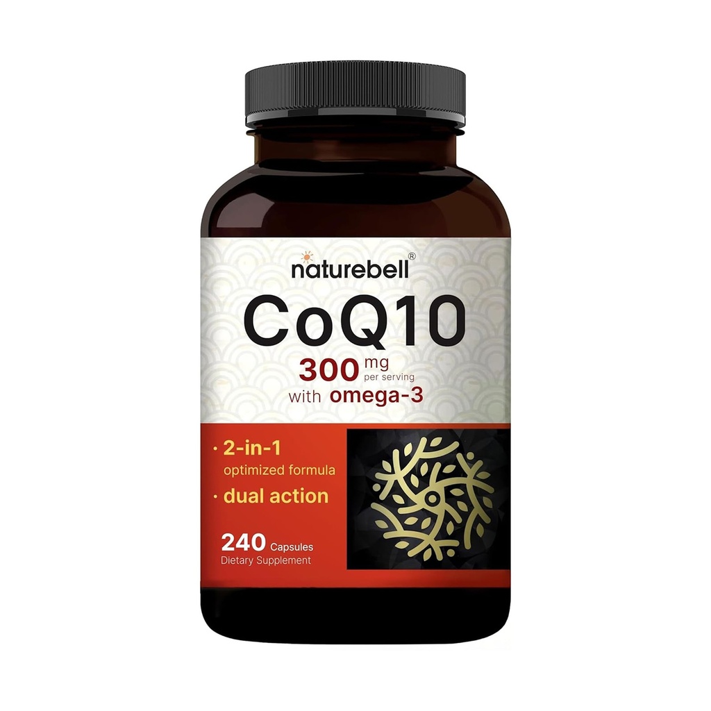 NatureBell CoQ10 300mg with Omega 3, 240 캡슐 - 120 일 공급 | 안정적인 높은 흡수 형태 - 심장 및 에너지 건강을위한 산화 지원 - 추가 강도 Coenzyme Q10 보충