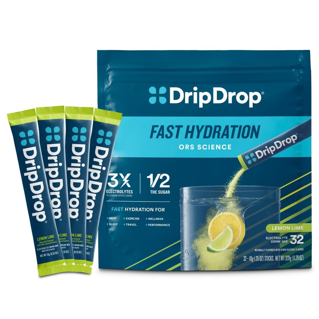 DripDrop Hydration Packets - 레몬 Lime - 단일 Serve Electrolytes 분말 음료 혼합 - Non-GMO, 글루텐 무료, Vegan - 32 스틱