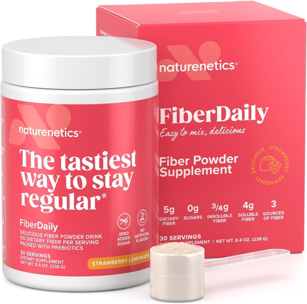 FiberDaily Delicious 섬유 분말 - 유기 Psyllium Husk, Agave Inulin & Sunfiber® Guar Gum Strawberry Lemonade 음료, 설탕 자유로운, 수용성 섬유, Prebiotic 섬유 보충교재, 채식주의자, 30의 서빙
