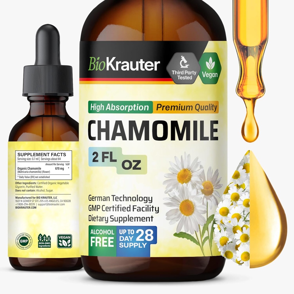 BIO KRAUTER Chamomile Flowers Tincture - Chamomile Extract - Apigenin - Relaxation 및 Calmness 지원을위한 보충 - 알코올 및 설탕 무료 - Vegan Drops 2 Fl.Oz.