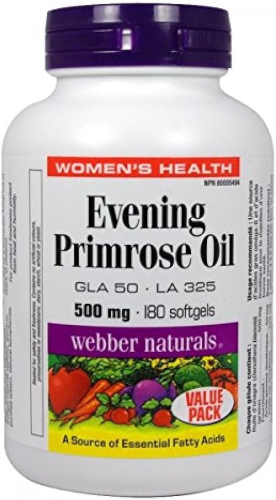 Webber Naturals의 저녁 Primrose 오일 500mg 180 softgels