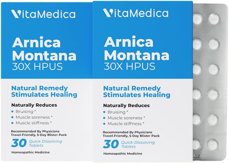 VitaMedica Arnica Montana Blister Pack 30X Tablets for Bruising Pain and Swelling | Plant Based Formula | Plastic Surgeons에 의해 추천 | 자연 회복 수술 또는 부상 | 2 팩 | 30 인분
