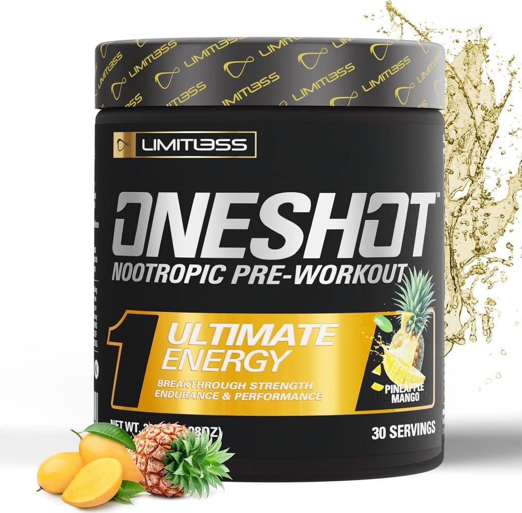 남자와 여자를 위한 1SHOT 전 운동 분말 - BCAAS 아미노산 보충교재 분말, 200mg 카페인, beta 알라닌 분말, Citrulline Malate Preworkout 분말 - 파인애플 망고 - 30의 서빙