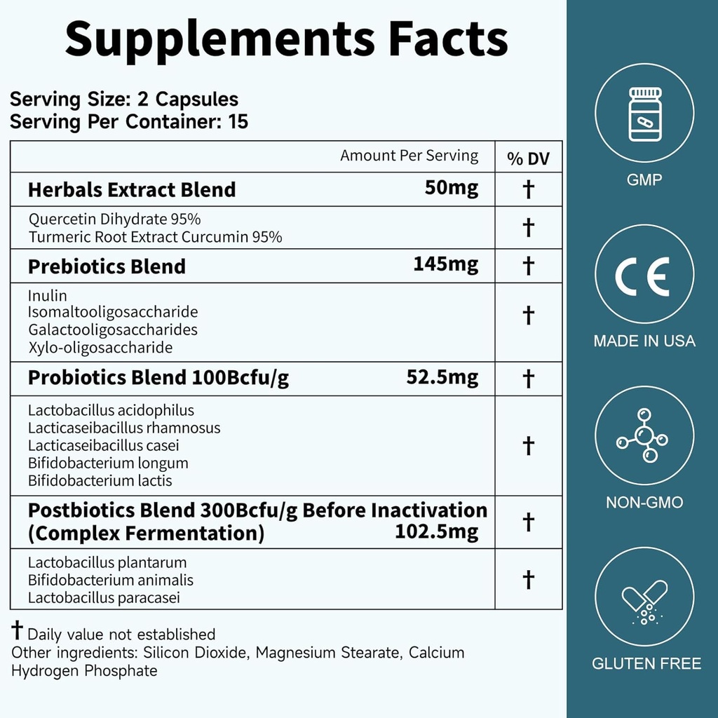 Probiotics 여자 남자 Gut 건강: 소화 건강 면역 지원 부양 구호 선반 정제 균류 35B CFUs 당 캡슐 복합체 Prebiotics Postbiotics Quercetin & Curcumin 규정식 보충교재
