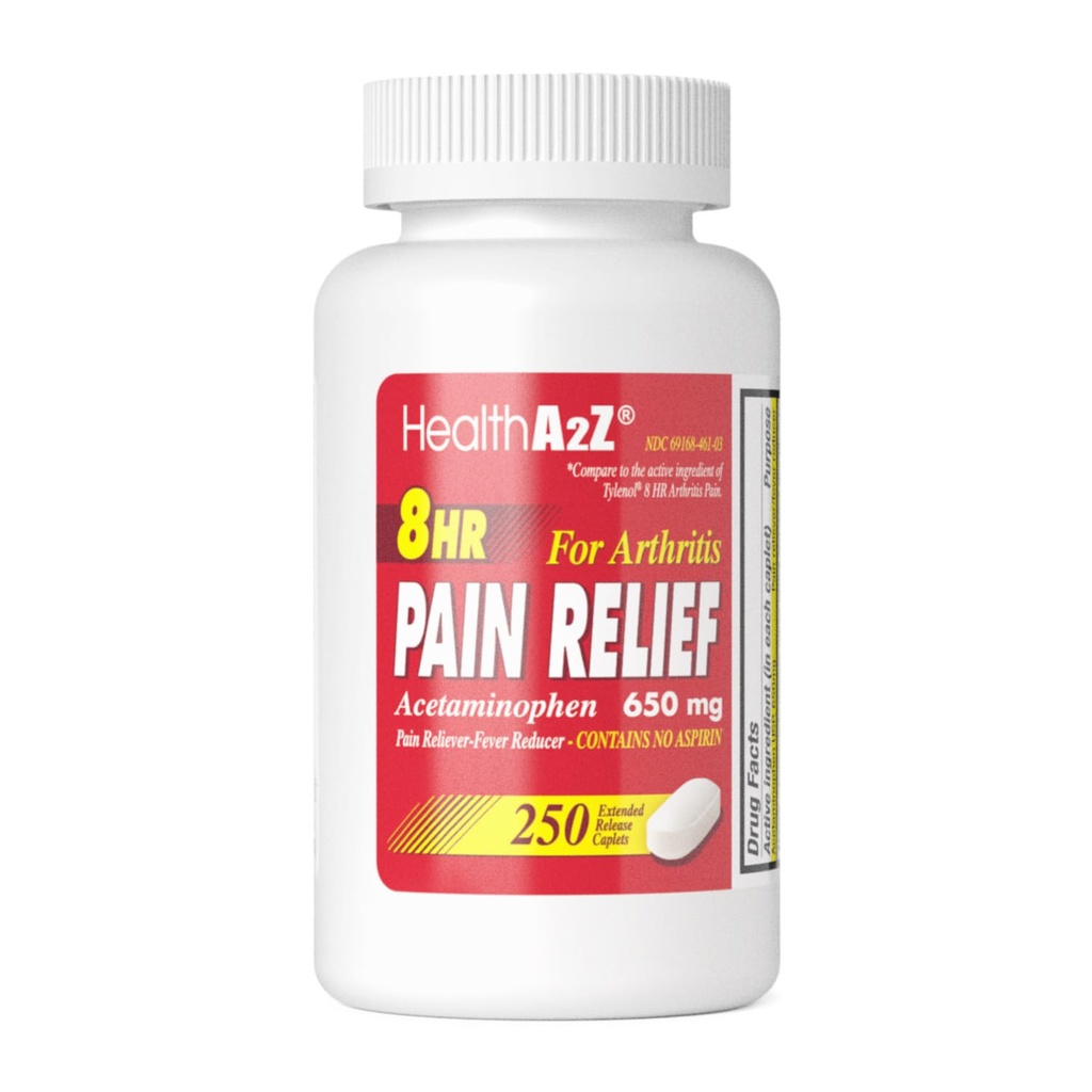 HealthA2Z® Pain Relief Extended Release | 아세타미노펜 650mg | 8시간 | 관절염 통증 | 통증 완화제 | 아스피린 없음 | (250 캡슐)