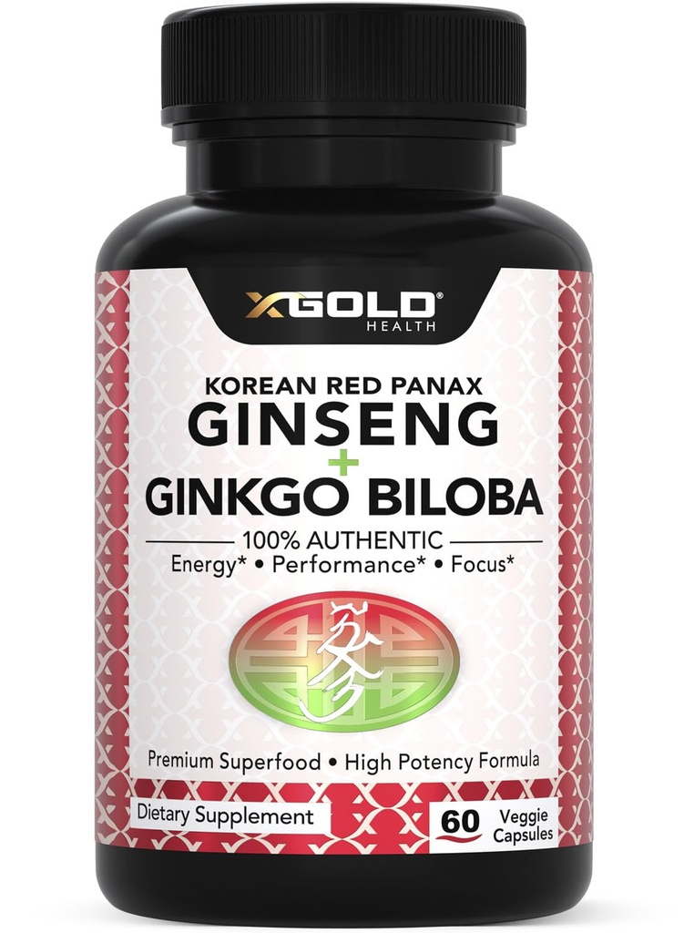 한국 빨간 Panax 인삼 1200mg + Ginkgo Biloba - 여분 힘 뿌리 추출물 분말 보충교재 w/High Ginsenoside Vegan 캡슐 에너지, 성과 & 초점 - 남자 & 여자를 위한 보충교재