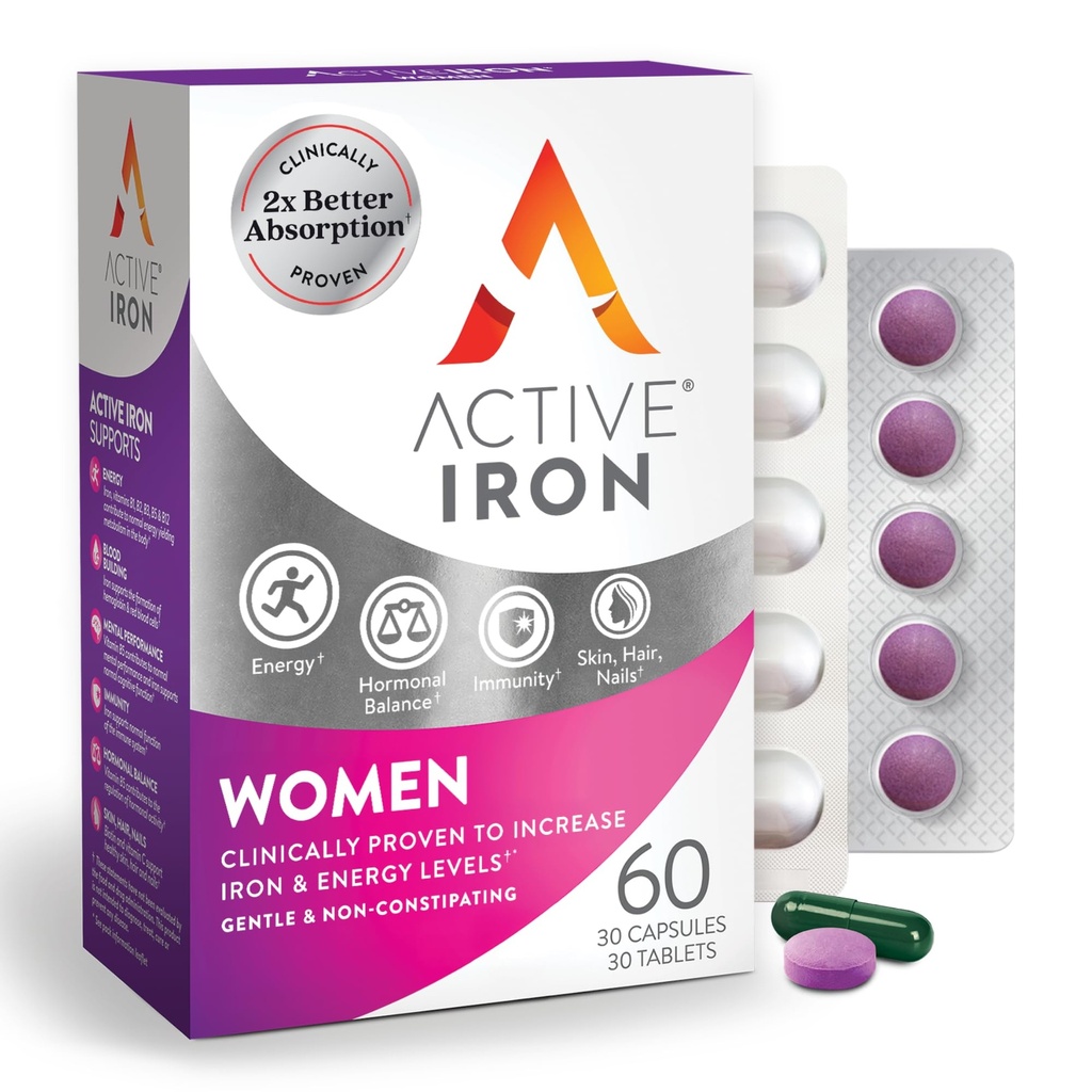 Active Iron Supplement 25mg + Multivitamin for Women – 에너지 및 감소 타이어를 증가시키기 위해 임상적으로 입증 된 – Gentle, Non-Constipating Iron + Women’s Multivitamin – 30 캡슐 + 30 정제