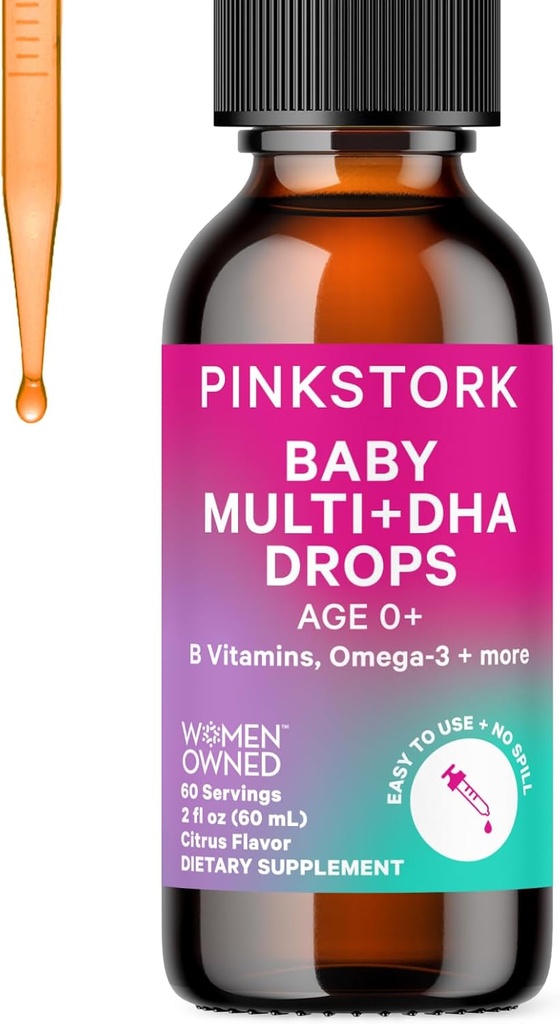 핑크 Stork 아기 액체 Multivitamin 드롭, 아기 & 유아 비타민 드롭 DHA, 비타민 C, D, B12 및 콜린 지원 뇌 건강 및 면역 기능 - 2 fl oz, 2 개월 공급