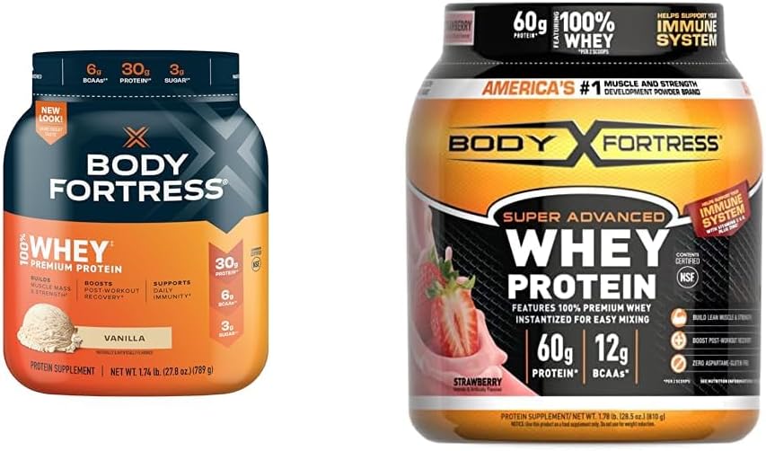 몸 요새 100 % Whey, 프리미엄 단백질 분말, 바닐라, 1.74lbs (포장 월병) & 100 % Whey, 프리미엄 단백질 분말, 딸기, 1.78lbs (포장 월병)