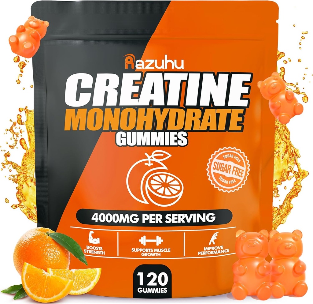 Creatine Monohydrate 남성 & 여성을 위한 Gummies, 최대 힘 힘, 성과, 설탕을 위한 서빙 당 Creatine Monohydrate의 4g는, 채식주의자, 전 운동 보충교재 (120 조사) - 오렌지를 해방합니다