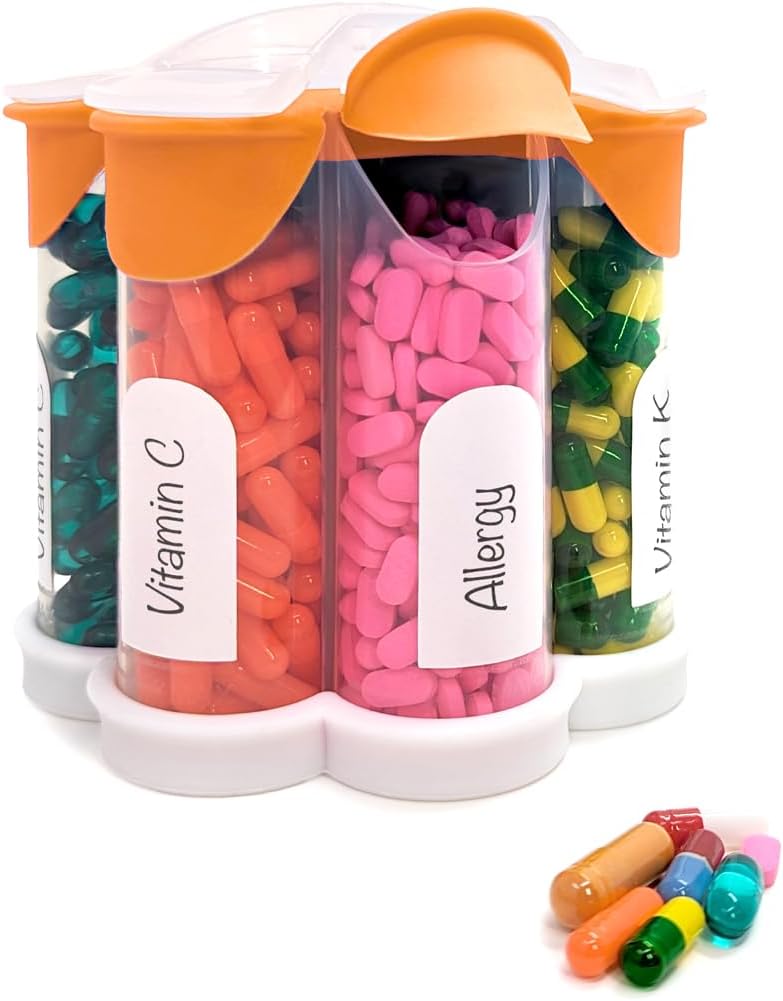 추가 대형 알약 주최자 매일, 주간, 월간 보충 병, 7 XL Compartments, 비타민, 약물, 라벨 포함 (오렌지)을위한 쉬운 오픈 알약 상자가있는 귀여운 Blossom Pill 분배기