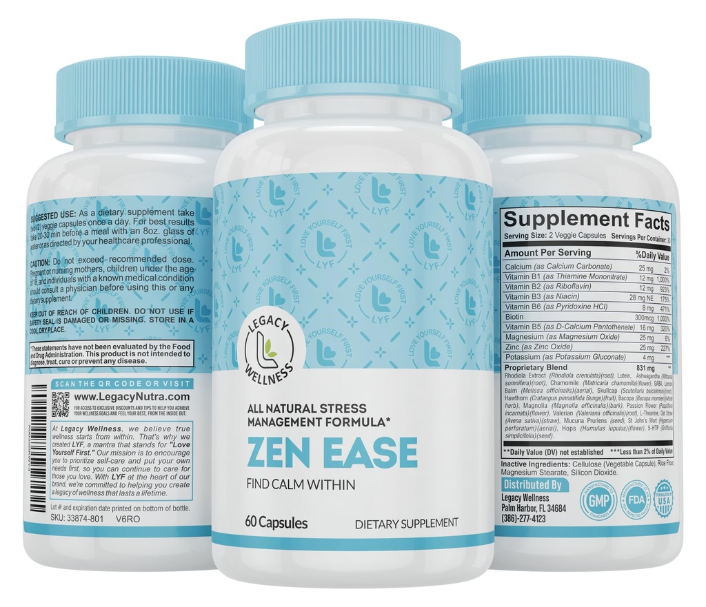 레거시 웰빙 Zen Ease Calm Mind 보충교재 - 자연적인 Vegan 공식 - 5-HTP, Ashwagandha, St. John's Wort, L-Theanine, 마그네슘, B 비타민 - 평화의 좋은 느낌을 승진시키는 캡슐