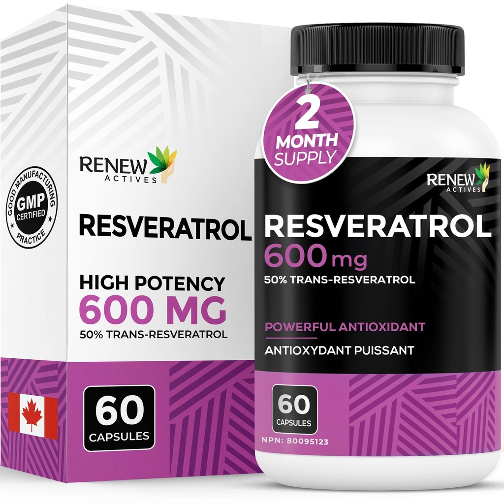 재생 활성 Resveratrol 보충 600mg 서빙 당 - 50% Trans-Resveratrol와 높은 순수성 산화 방지제 복합체 - 셀룰러 건강 및 장수 지원 - 캐나다에서 만든 - 60 Vegan 캡슐