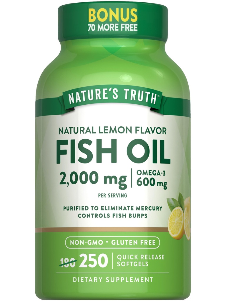 자연의 진실 물고기 기름 2000 mg | 600 mg 오메가 3 | 250 Softgels | 자연적인 레몬 맛 | 비 GMO와 글루텐 무료 보충교재