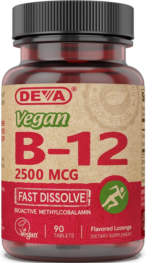 Deva Vegan 비타민 B-12, 높은 효능 2500 mcg B12, 빠른 용해, 하위 언어, 90 정제 (포장 3)
