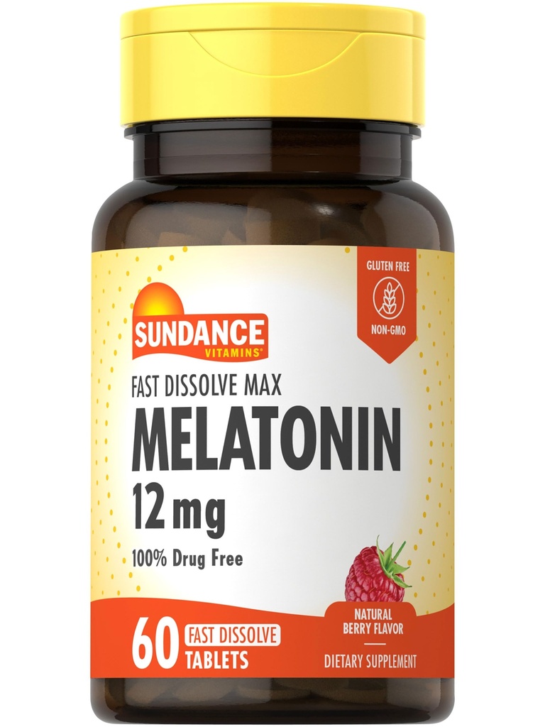 Sundance Melatonin 12mg | 60 빠른 용해 정제 | 천연 베리 맛 | 채식주의, 비 GMO 및 글루텐 무료 보충