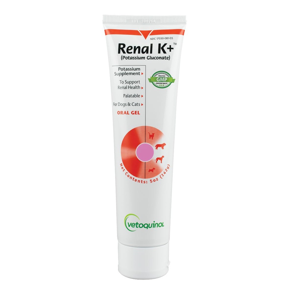 Vetoquinol Renal K+ (Potassium Gluconate) 개와 고양이를위한 칼륨 보충 젤, 5oz