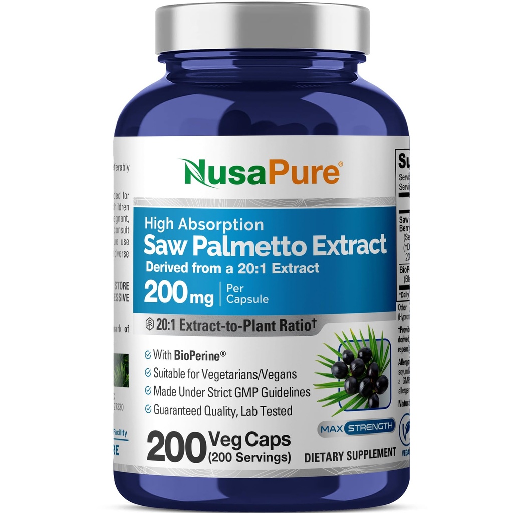 NusaPure는 Palmetto 20:1 추출물, Veggie 모자 당 4,000 mg에 동등한 200의 조사 비 GMO, 채식주의자, 채식주의자, Bioperine를 보았습니다