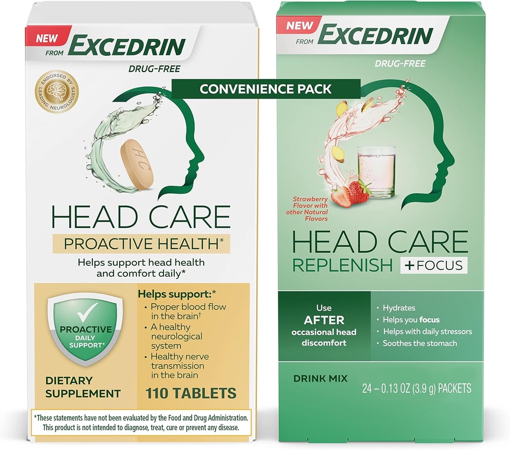 Excedrin Head Care Proactive Health Dietary Supplement - 110 Count and Head Care Replenish Plus 초점 음료 혼합 from 24 Packets Convenience Pack