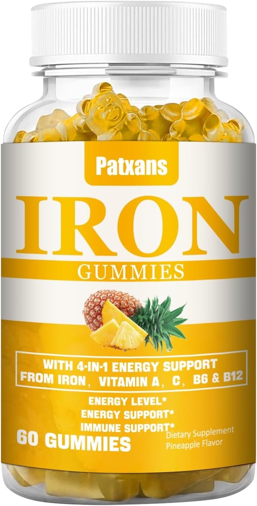 여자 & 남자를 위한 1개의 팩 100MG 철 보충교재 Gummies - 비타민 A, C, B - 철 부족, 빈혈, 성인 & 아이들, 파인애플 풍미 거미, 60ct를 위한 에너지 지원.