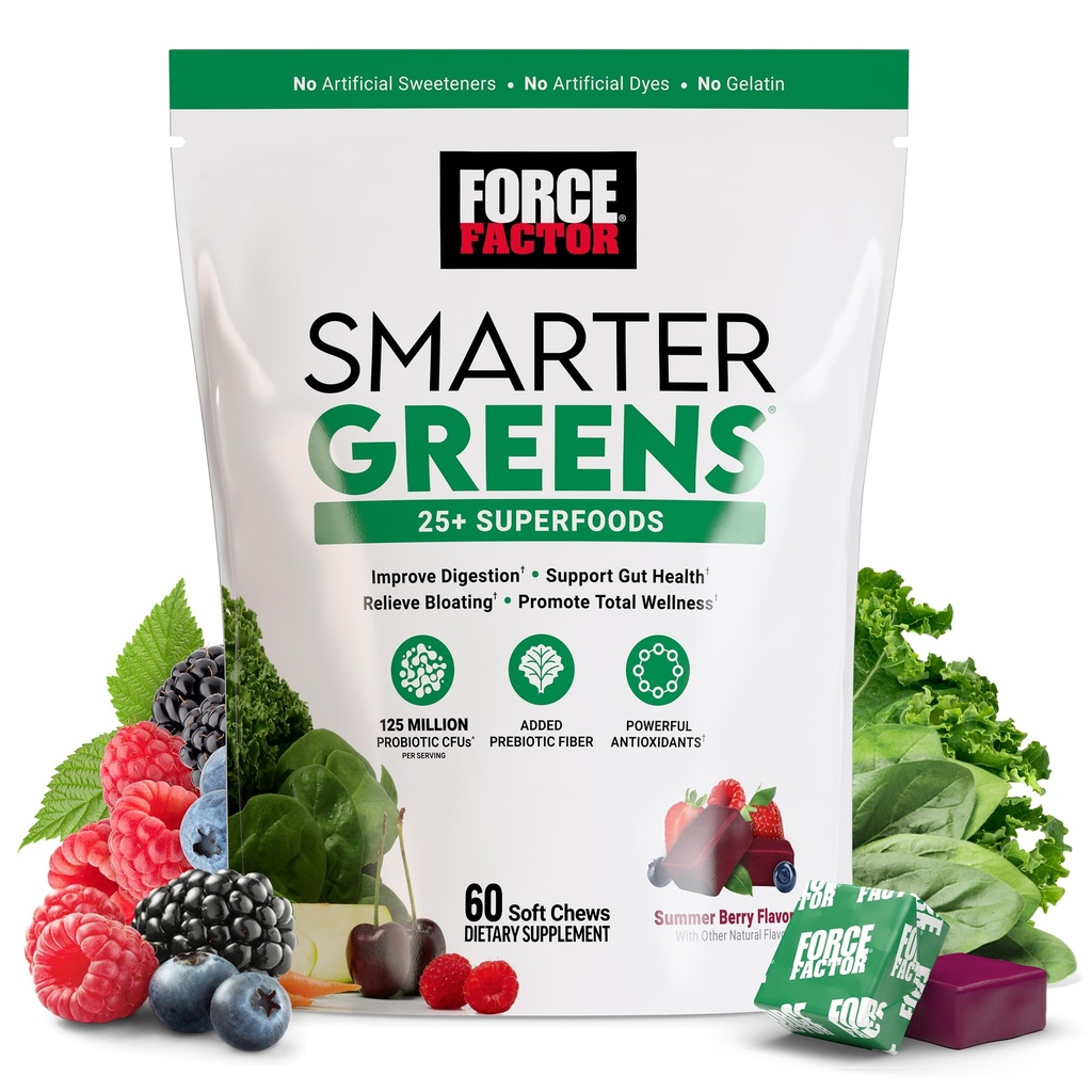 FORCE FACTOR Smarter Greens Superfood Chews, Greens 및 Superfoods with Probiotics, 산화 방지제 및 섬유, Digestion, Nitric 산화물 및 에너지, 60 Soft Chews를 지원하는 Greens 보충교재