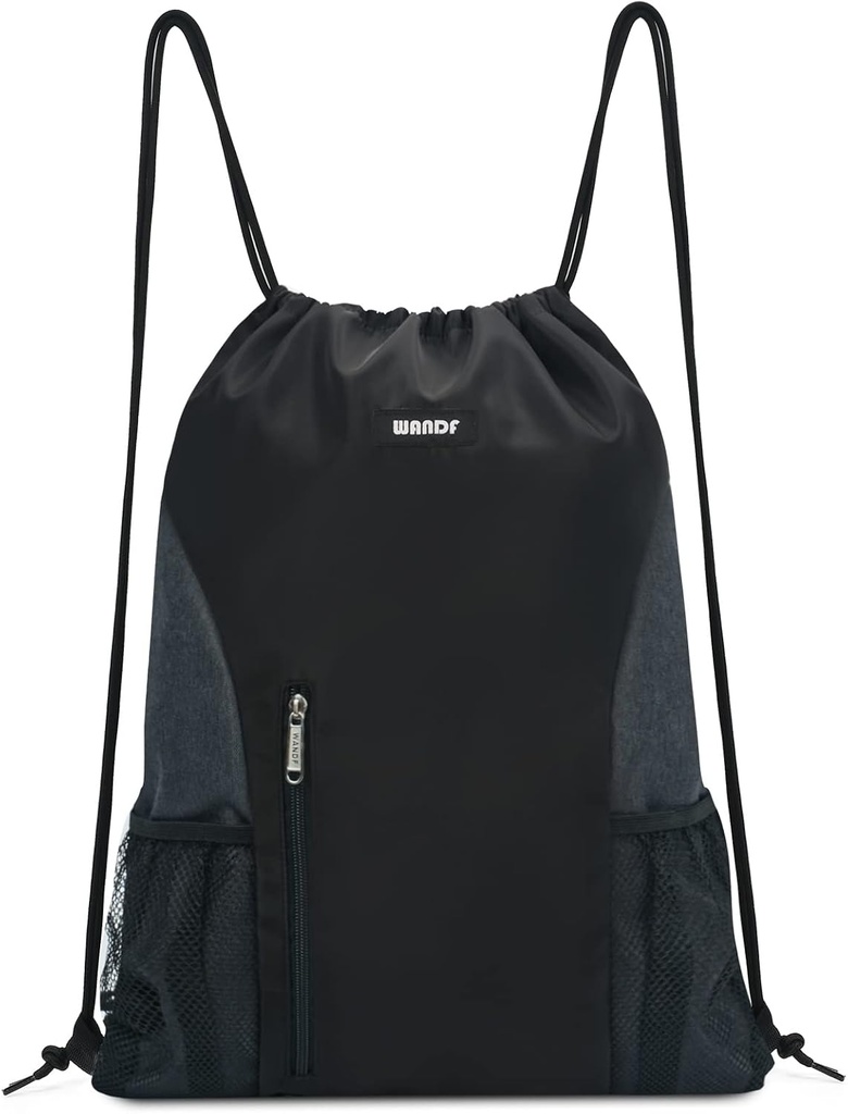 WANDF Drawstring 배낭 스포츠 체육관 Sackpack 메쉬 포켓 물 저항하는 끈 가방 여성 남성 (블랙)
