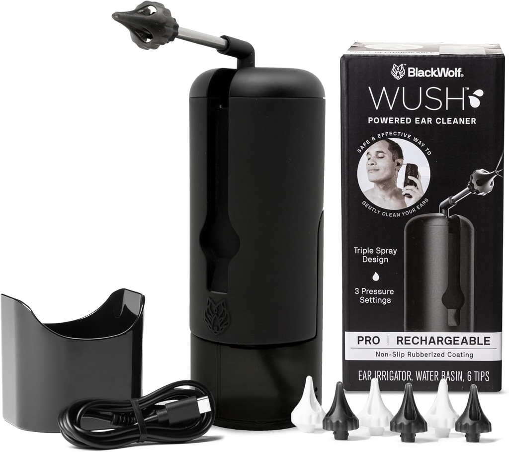 Wush Pro By Black Wolf- Deluxe Water Powered Ear Cleaner- Safe & effective- 전기 트리플 제트 스트림 3 압력 설정 귀 왁스 빌더- 귀 왁스 제거 키트- 물 저항하는 USB 충전식