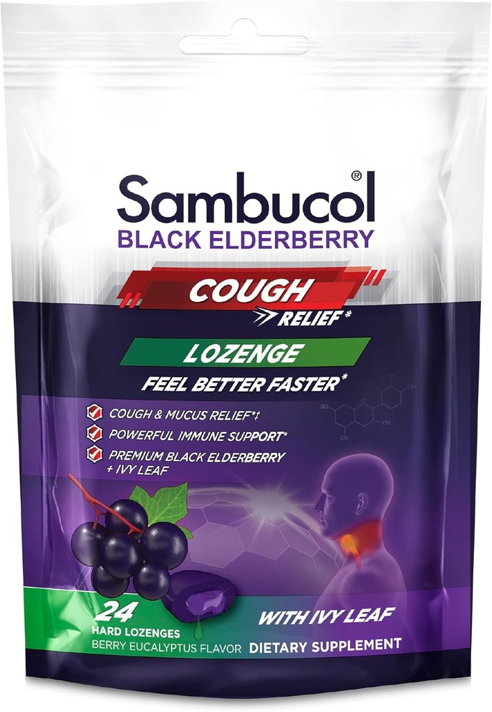 Sambucol 검정 Elderberry 기침 구호 Lozenges - 성인, Sambucus Elderberry Lozenges, 아이비 리프, 기침 및 Mucus 구호, 면역 지원, Berry Eucalyptus - 24 개, 3 팩