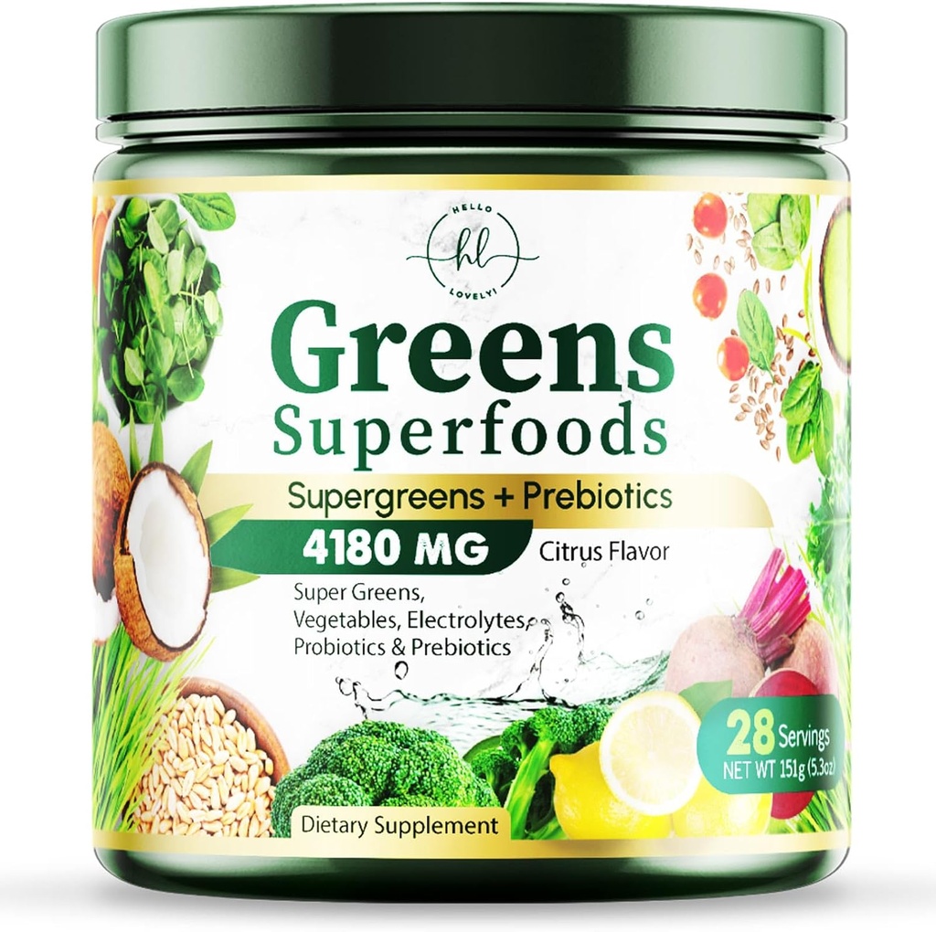 Greens Powder Superfood - 프리미엄 유기농 슈퍼 그린 주스 분말 - Probiotics, Wheat Grass, Enzymes, Spirulina, Chlorella Digestive & Gut Health, 스무디 음료 혼합 - 28 서빙