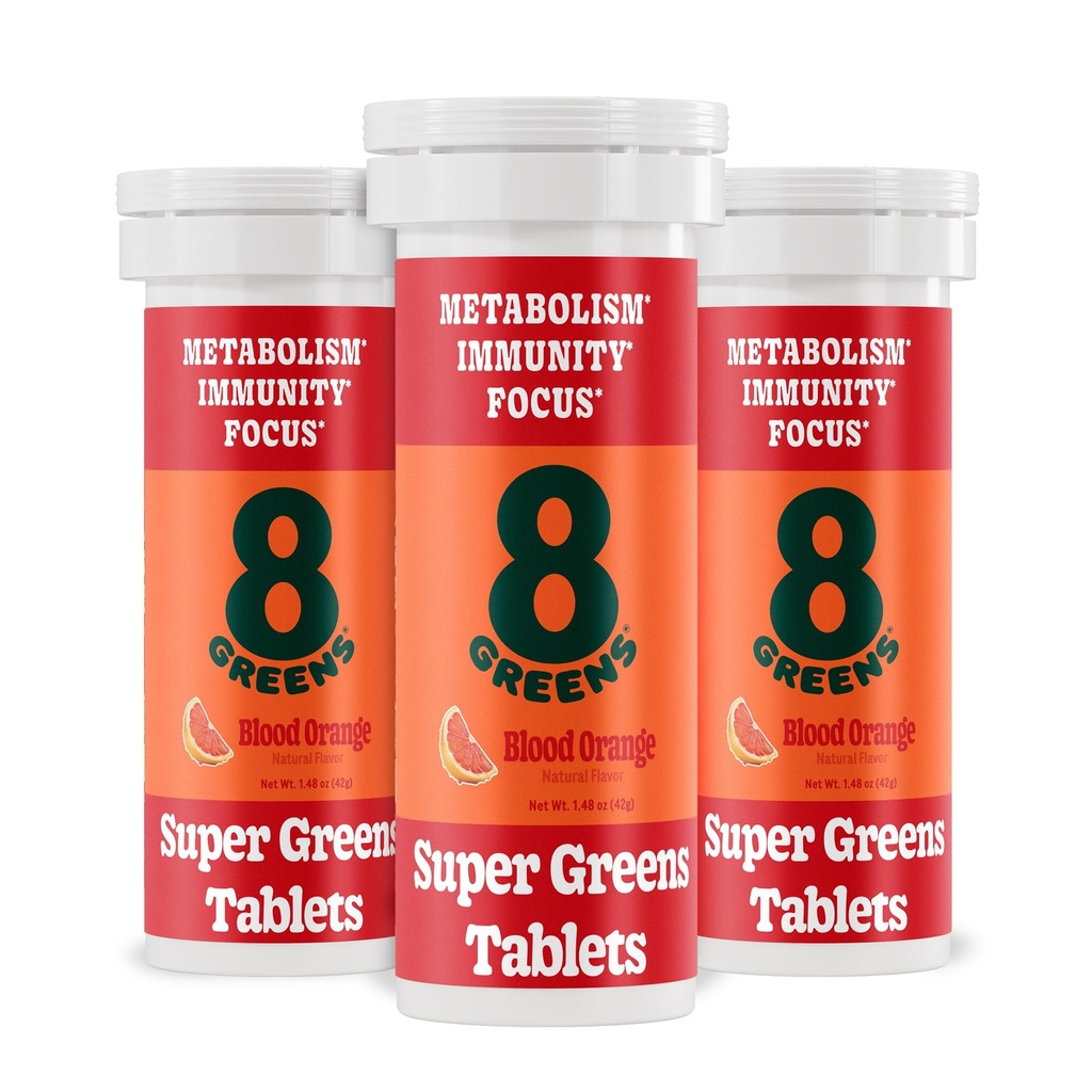 8Greens Supergreens 정제 | 슈퍼 그린 파우더 슈퍼 푸드 태블릿, 메타볼리즘 Immunity & Focus, Daily Greens Effervescent Tablets, Organic: Aloe Vera, Spirulina, Chlorella, Blood Orange, 30 서빙