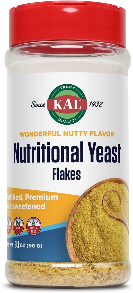 KAL 영양 효모 플라크, B12, Folic 산 및 기타 B 비타민, 영양, 훌륭한 영양 맛, Vegan & 글루텐 무료, 60 일 돈 뒤 보증, 미국에서 만든, 20 서빙, 3.1oz