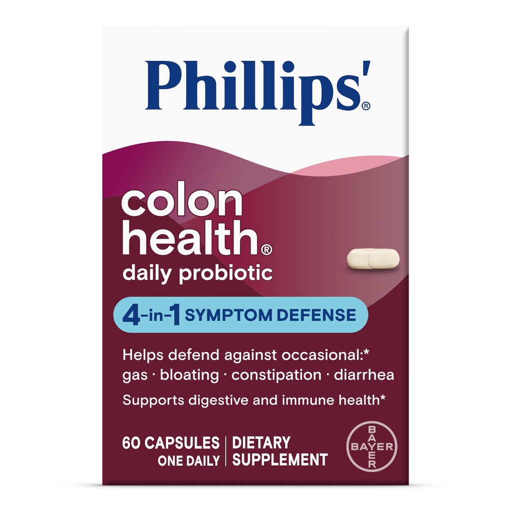 Phillips' Colon Health Daily Probiotic 캡슐, 4-in-1 Symptom Defense는 Occasional Gas, Bloating, Constipation 및 Diarrhea, Daily Supplement, 60 카운트에 대한 방어를 돕기 위해